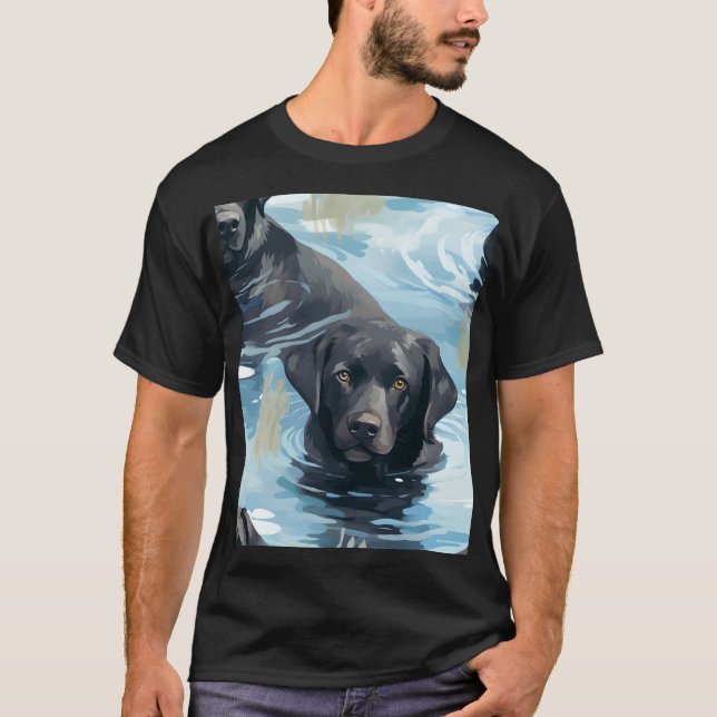 Schwarzes Labrador-Schwimmmuster T-Shirt (Vorderseite)