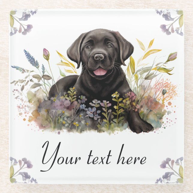 Schwarzes Labrador und Sommer-Blume Glasuntersetzer (Vorderseite)