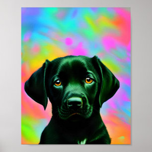 Schwarzes Labrador vor einem farbenfrohen Poster