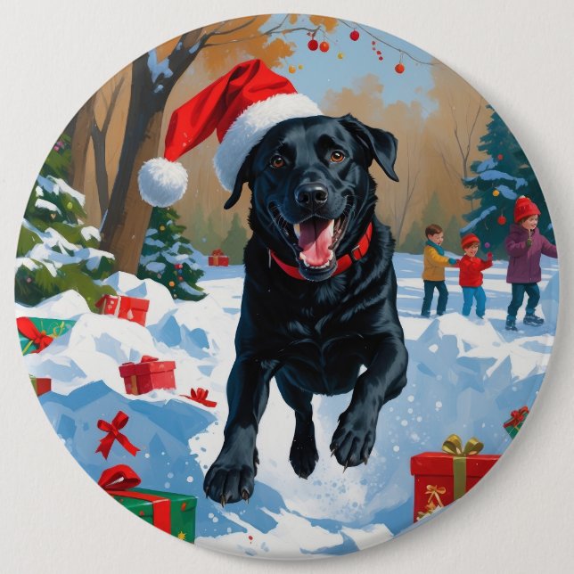 Schwarzes Labrador Weihnachtsfest Schneeszene Button (Vorderseite)