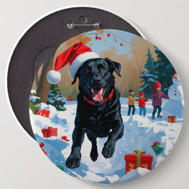 Schwarzes Labrador Weihnachtsfest Schneeszene Button (Vorne & Hinten)