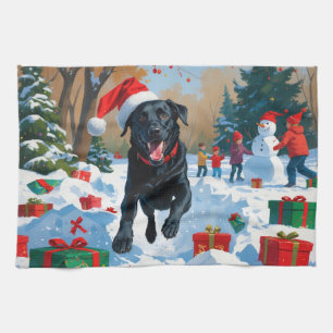 Schwarzes Labrador Weihnachtsfest Schneeszene Geschirrtuch
