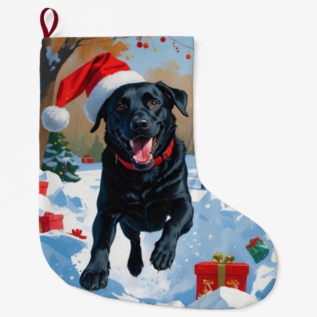 Schwarzes Labrador Weihnachtsfest Schneeszene Großer Weihnachtsstrumpf (Vorderseite)