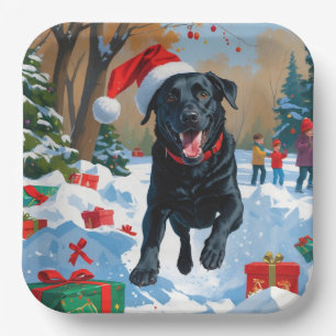 Schwarzes Labrador-Weihnachtsfest-Schneeszene  Pappteller