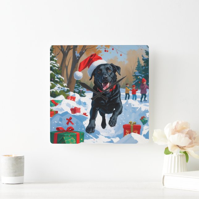 Schwarzes Labrador Weihnachtsfest Schneeszene Quadratische Wanduhr (Zuhause)