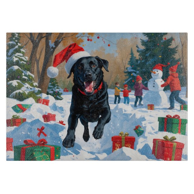 Schwarzes Labrador Weihnachtsfest Schneeszene Schneidebrett (Vorderseite)