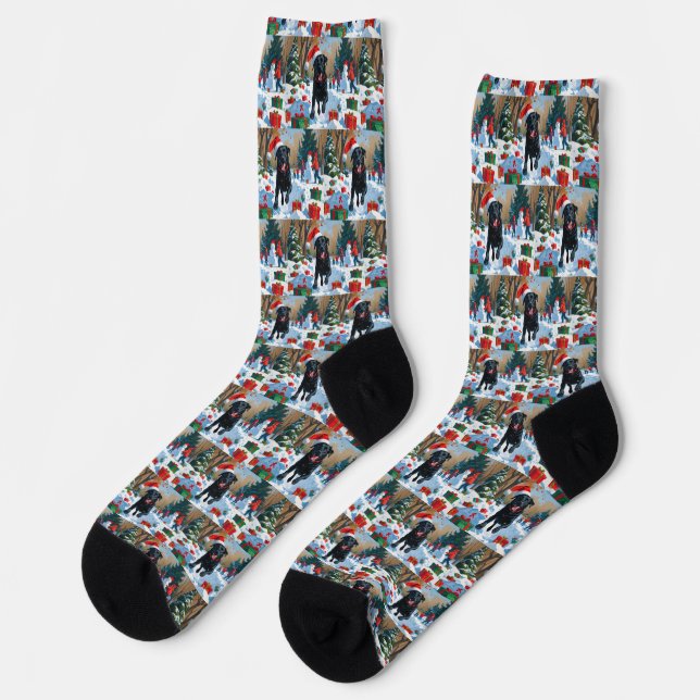 Schwarzes Labrador Weihnachtsfest Schneeszene Socken (Linkes Detail)