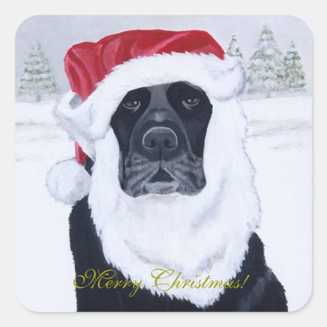 Schwarzes Labrador Weihnachtsgemälde für Weihnacht Quadratischer Aufkleber (Vorderseite)