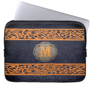 Schwarzes Leder. Custom Monogram Laptopschutzhülle