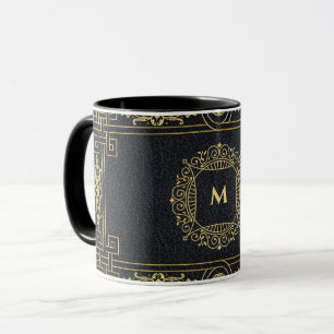 Schwarzes Leder Gold Art Deco Monogramm Buchstabe Tasse