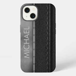 Schwarzes Leder-Look Metal-Band Monogramm iPhone 13 Hülle