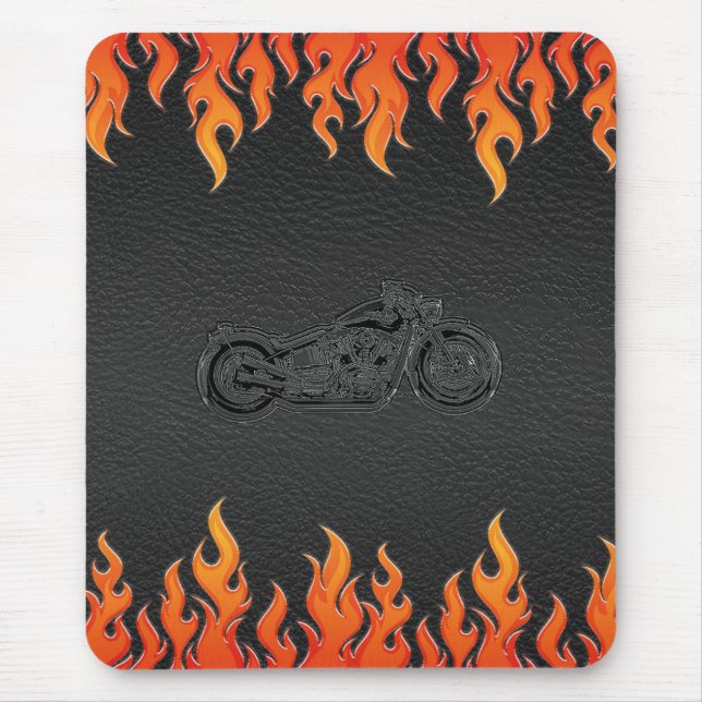 Schwarzes Leder Orange Flamme Chrome Motorrad Mousepad (Vorne)