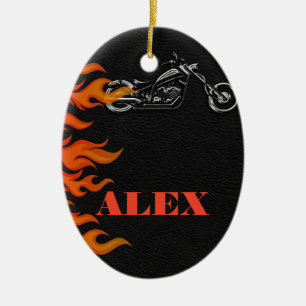 Schwarzes Leder & Orange Flammen Biker Motorrad Keramik Ornament