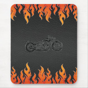 Schwarzes Leder Orange Flammen Chrom Motorrad Mousepad