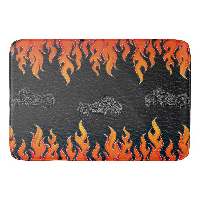 Schwarzes Leder Orange Flammen Hot Fire Motorrad Badematte (Vorderseite)
