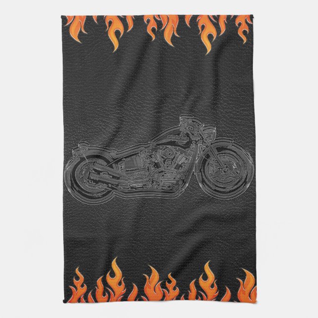 Schwarzes Leder Orange Flammen Hot Fire Motorrad Handtuch (Vertikal)