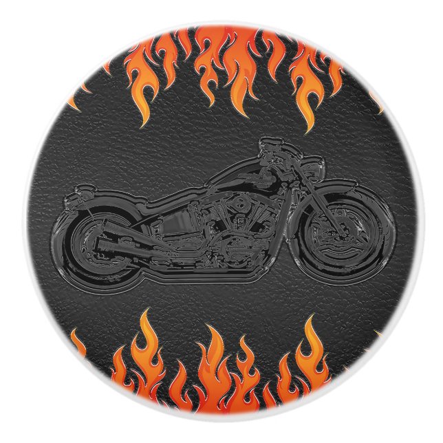 Schwarzes Leder Orange Flammen Hot Fire Motorrad Keramikknauf (Vorderseite)