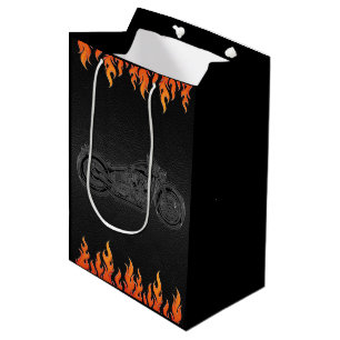 Schwarzes Leder Orange Flammen Motorrad Biker Part Mittlere Geschenktüte