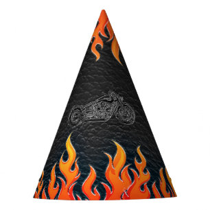 Schwarzes Leder Orange Flammen Motorrad Biker Part Partyhütchen