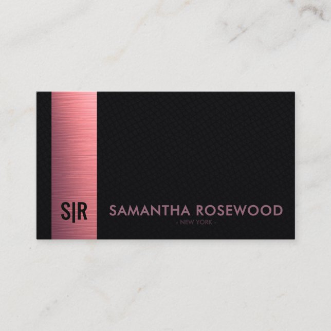 Schwarzes Leder & Rosé Metallic Panel Monogramm  Visitenkarte (Vorderseite)