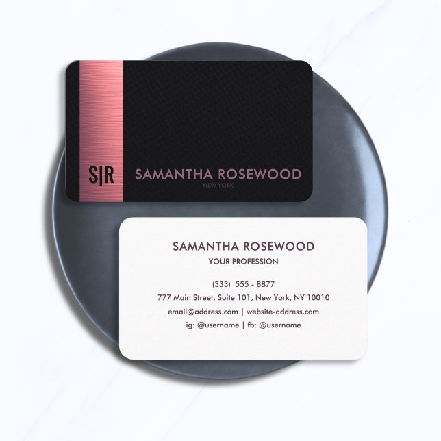 Schwarzes Leder & Rosé Metallic Panel Monogramm  Visitenkarte (Von Creator hochgeladen)