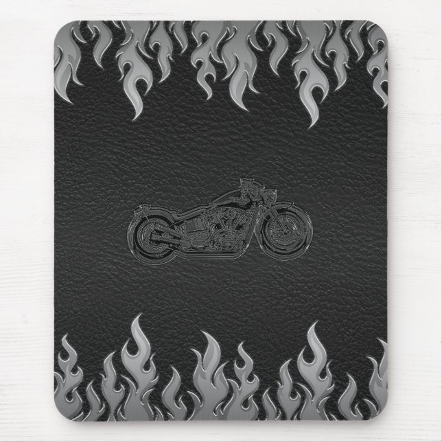 Schwarzes Leder Silber Flammen Chrom Motorrad Mousepad (Vorne)