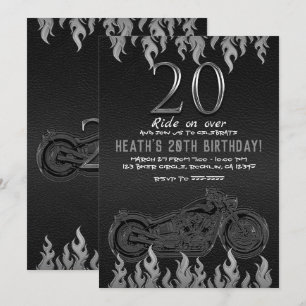 Schwarzes Leder Silber Motorrad 20TH 20 Geburtstag Einladung