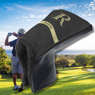 Schwarzes Leder Textur Monogram Name Gold Golf Headcover