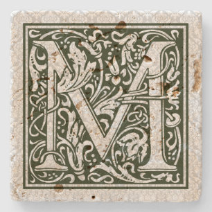 Schwarzes Letter M Vintage Blumenmonogramm Steinuntersetzer