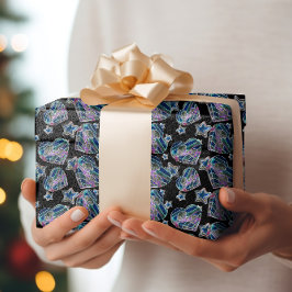 Schwarzes Licht Neon Glow Xmas Herzen und Sterne Geschenkpapier