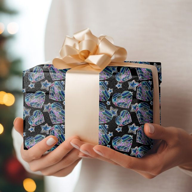 Schwarzes Licht Neon Glow Xmas Herzen und Sterne Geschenkpapier (Von Creator hochgeladen)