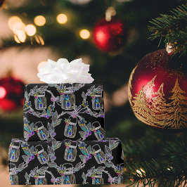 Schwarzes Licht Neon Weihnachtslattern Muster Geschenkpapier