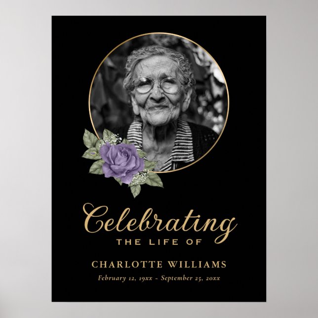 Schwarzes Lila Begräbnis Foto Begrüßungszeichen Poster (Vorne)