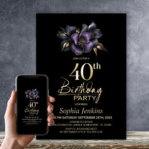 Schwarzes Lila Graues Floral 40. Geburtstagsgesche Einladung