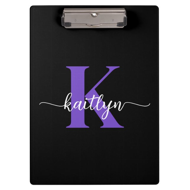 Schwarzes lila Schriftmonogramm Klemmbrett (Vorderseite)