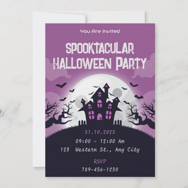 Schwarzes Lila Spooky-Halloween-Party Einladung (Vorderseite)