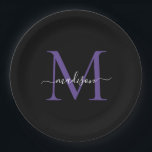 Schwarzes Lila Violet Monogram Modernes, elegantes Pappteller<br><div class="desc">Einfache moderne,  trendige Schwarz Lila Violet Monogram Moderne Feminine Script Name Paper Plate</div>