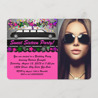 Schwarzes Limo Hot Pink Schwarzes Foto Sweet 16 Pa Einladung