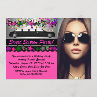 Schwarzes Limo Hot Pink Schwarzes Foto Sweet 16 Pa Einladung