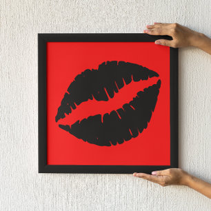 Schwarzes Lippenstift-Kuss-Grafik auf Rot Poster