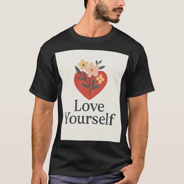 Schwarzes Love Yourself-T-Shirt mit Herz- und Fl-M T-Shirt (Vorderseite)