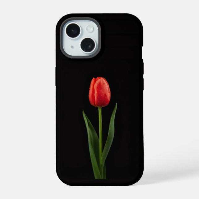 Schwarzes Luxus-iPhone 15-Case mit Rubinroter Tulp iPhone 15 Hülle (Rückseite)