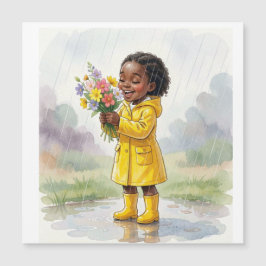 Schwarzes Mädchen im Regen mit Blumen in der Hand Magnetkarte
