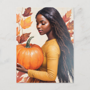 Schwarzes Mädchen mit Pumpkin-Herbstlauben Postkarte