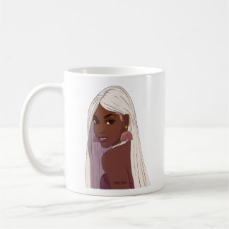 Schwarzes Mädchen mit weißen Haaren und rosa Grape Kaffeetasse