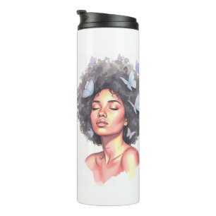 Schwarzes Mädchen Pastell Minimalistische Butterfl Thermosbecher