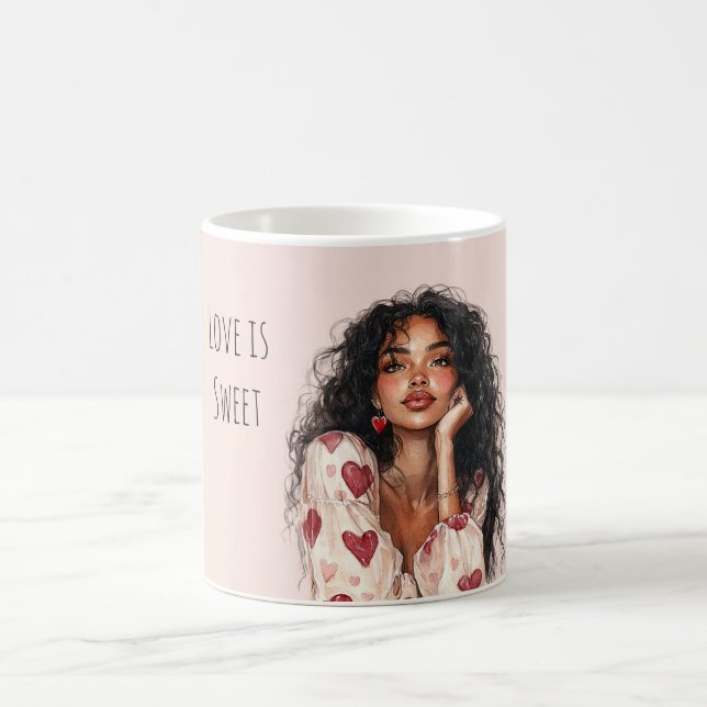 Schwarzes Mädchen rote Herzen Valentinstag Liebe Kaffeetasse (Mittel)