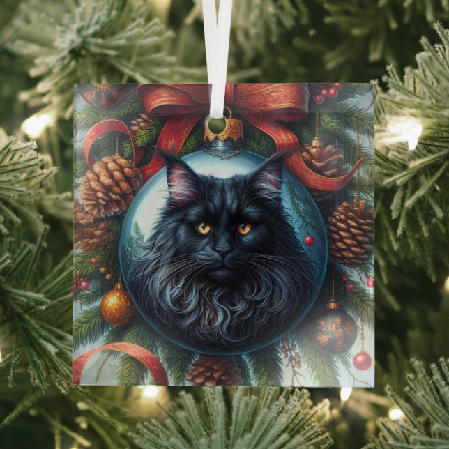 Schwarzes Maine Coon Cat Glass Ornament Aus Glas (Insitu)