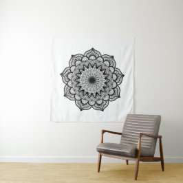 Schwarzes Mandala auf weißem Hintergrund Wandteppich