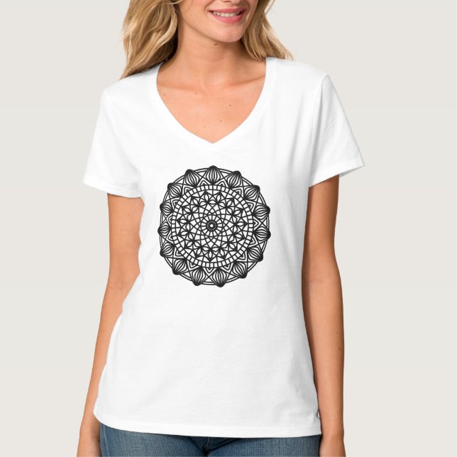 Schwarzes Mandala-Emblem rund T-Shirt (Vorderseite)
